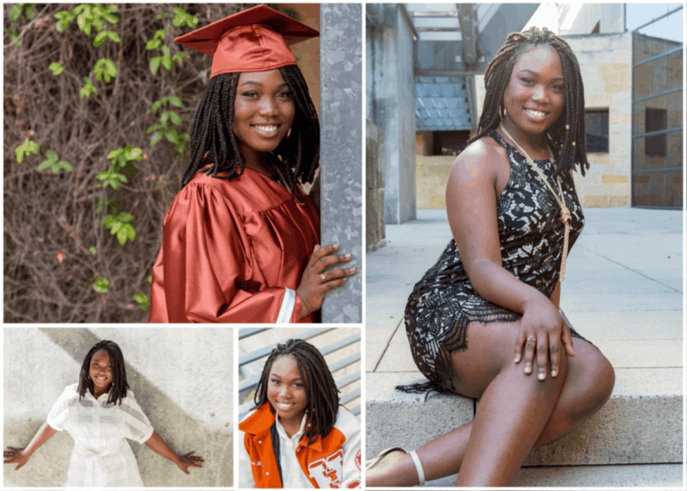 Collage of senior portrait and graduation photos showing a graduate in cap and gown and other portrait looks