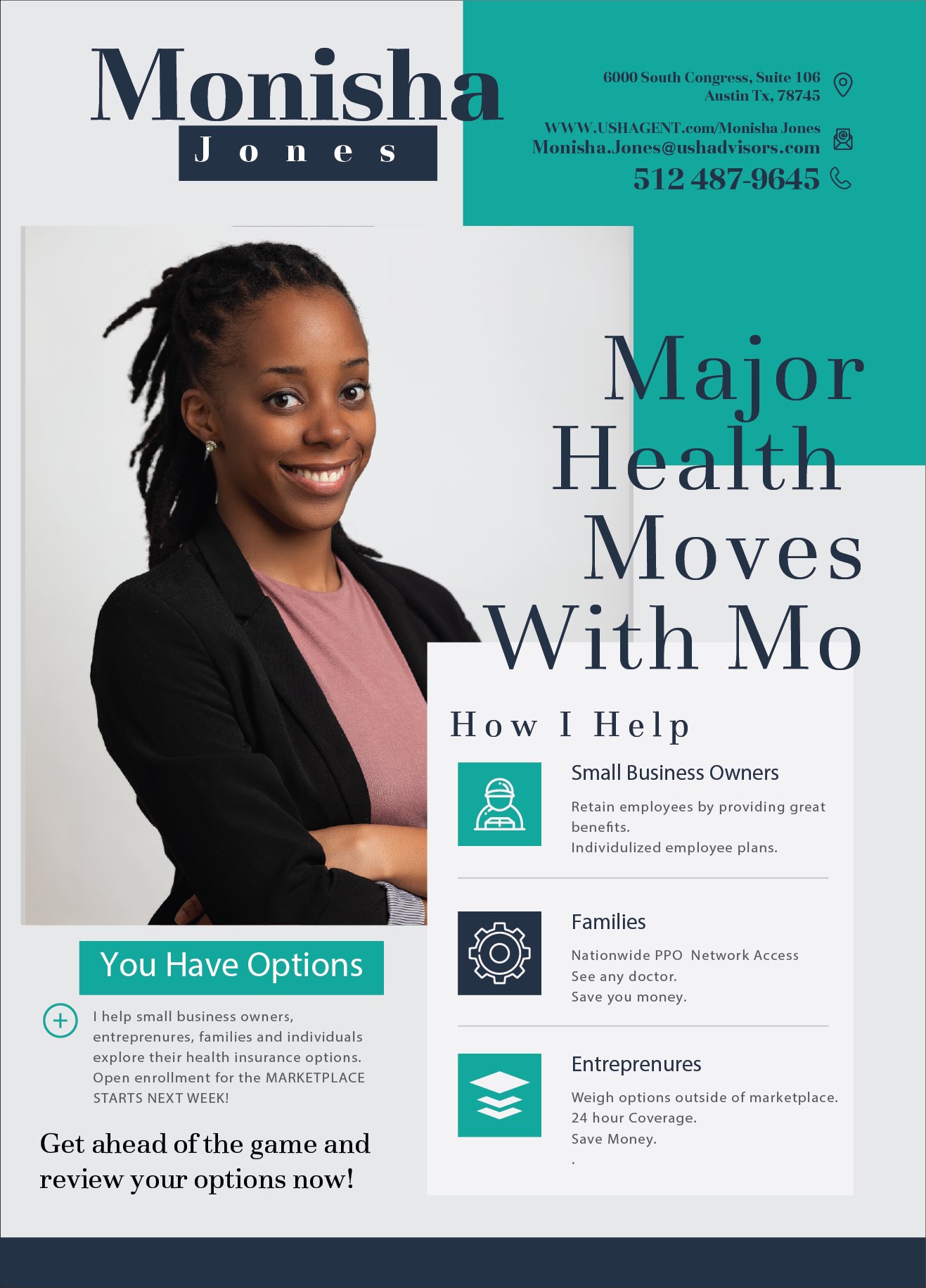 Monisha Jones health insurance flyer major moves with Mo