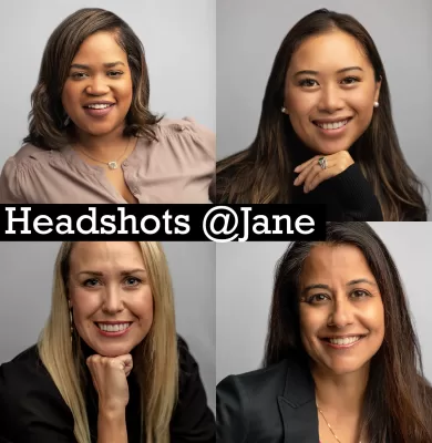 Collage of four professional headshots of smiling women with a Headshots at Jane text overlay