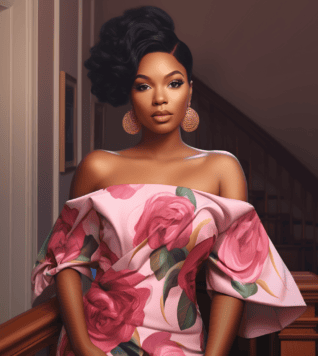 AI-generated image of a woman in a pink floral off-shoulder dress, used as an example in a discussion of AI versus real photography