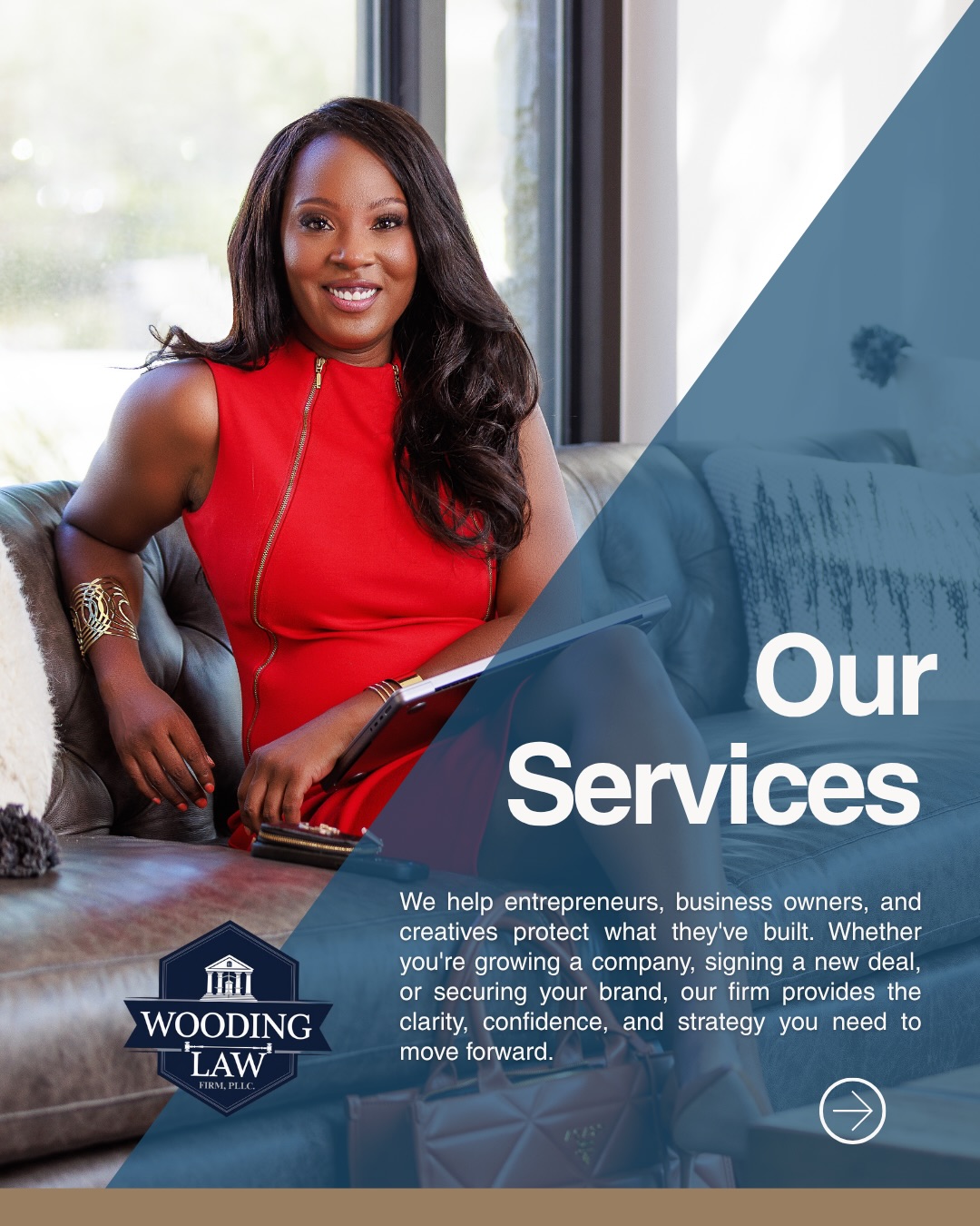 Wooding Law Firm – Our Services Marketing Graphic Wooding Law Firm social media graphic promoting their services, featuring attorney Niky Wooding