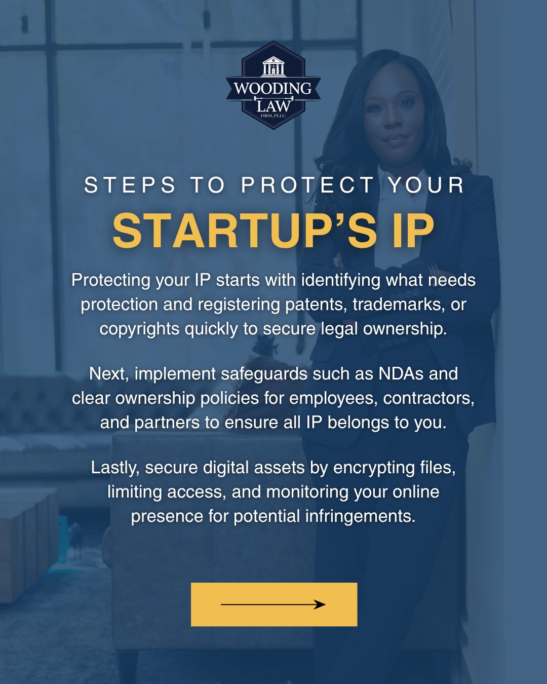 Wooding Law Firm – Startup IP Protection Graphic Wooding Law Firm marketing graphic outlining steps to protect a startup's intellectual property