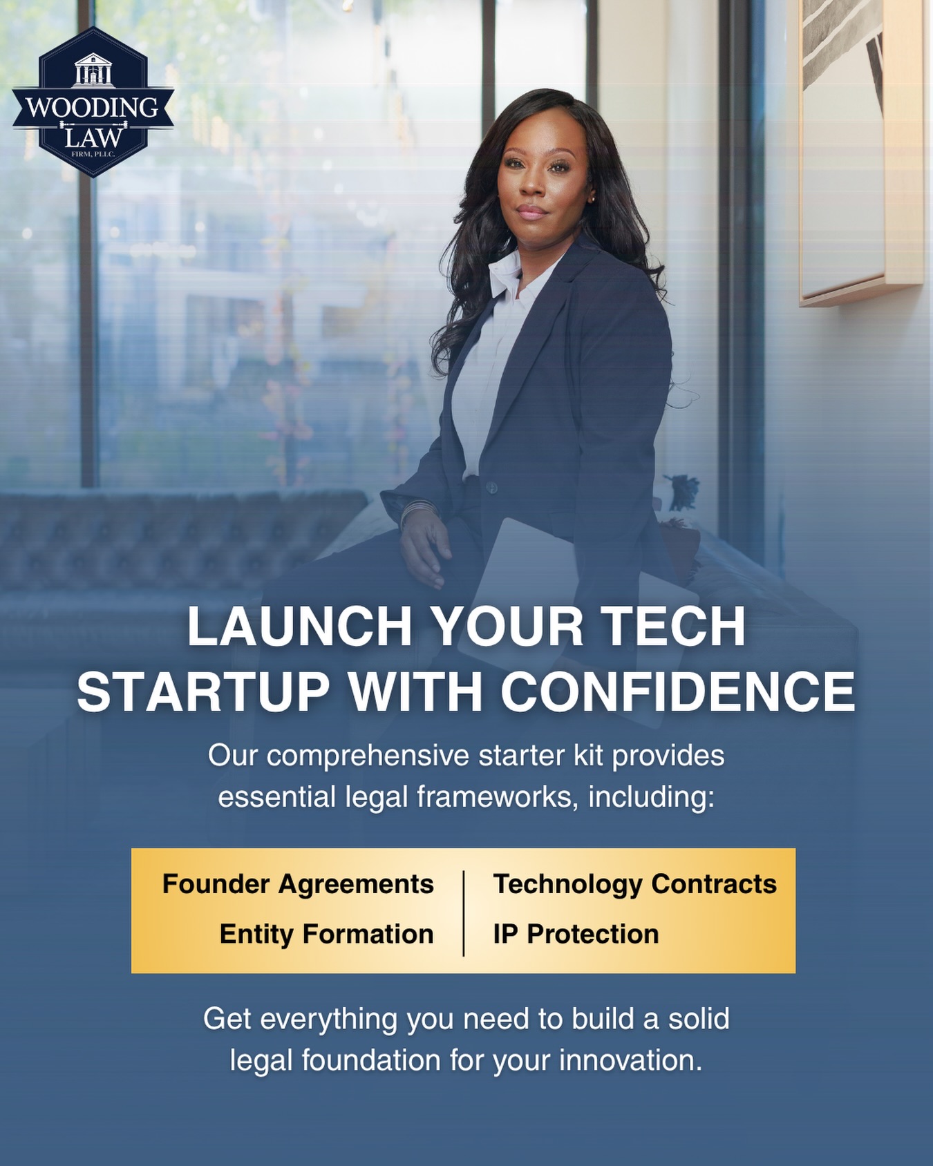 Wooding Law Firm – Tech Startup Legal Services Graphic Wooding Law Firm marketing graphic promoting legal services for tech startups
