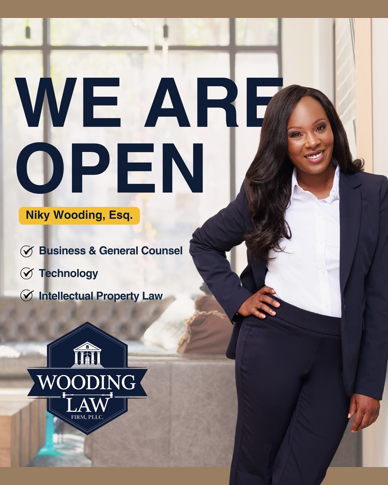Wooding Law Firm – We Are Open Announcement Graphic Wooding Law Firm social media graphic announcing the firm is open, featuring attorney Niky Wooding