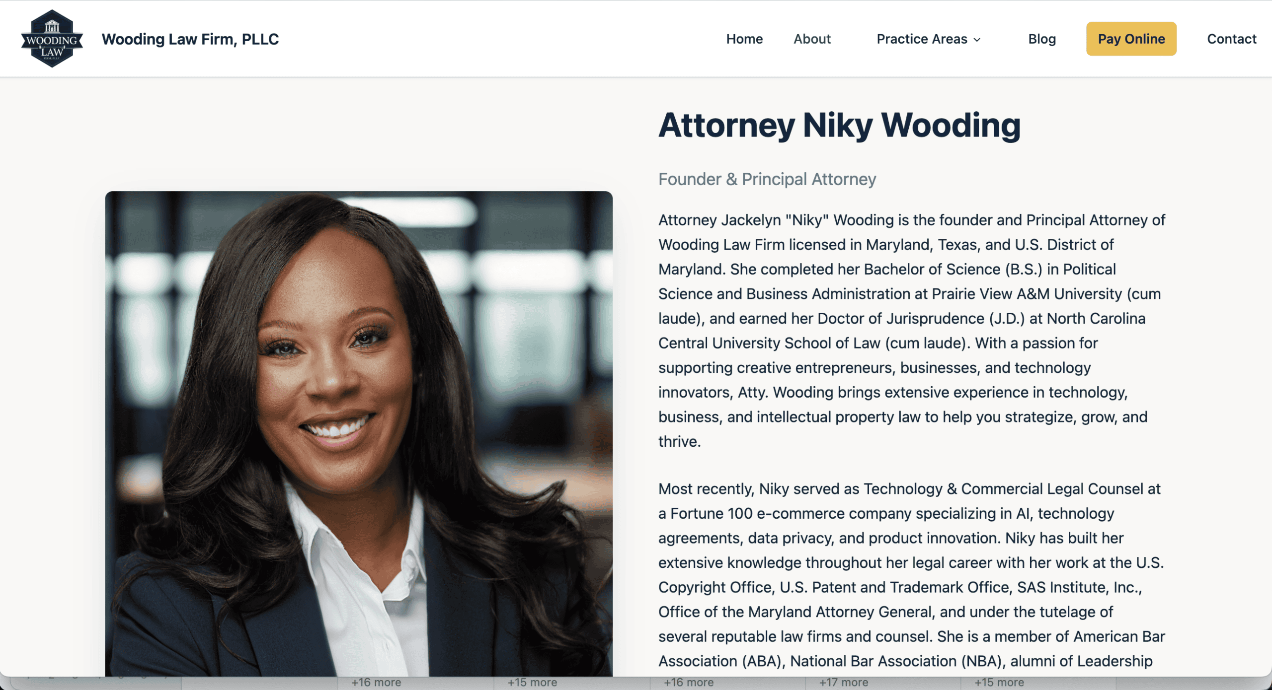 Wooding Law Firm Website – Attorney Bio Page Screenshot Screenshot of the Wooding Law Firm website showing attorney Niky Wooding's bio page