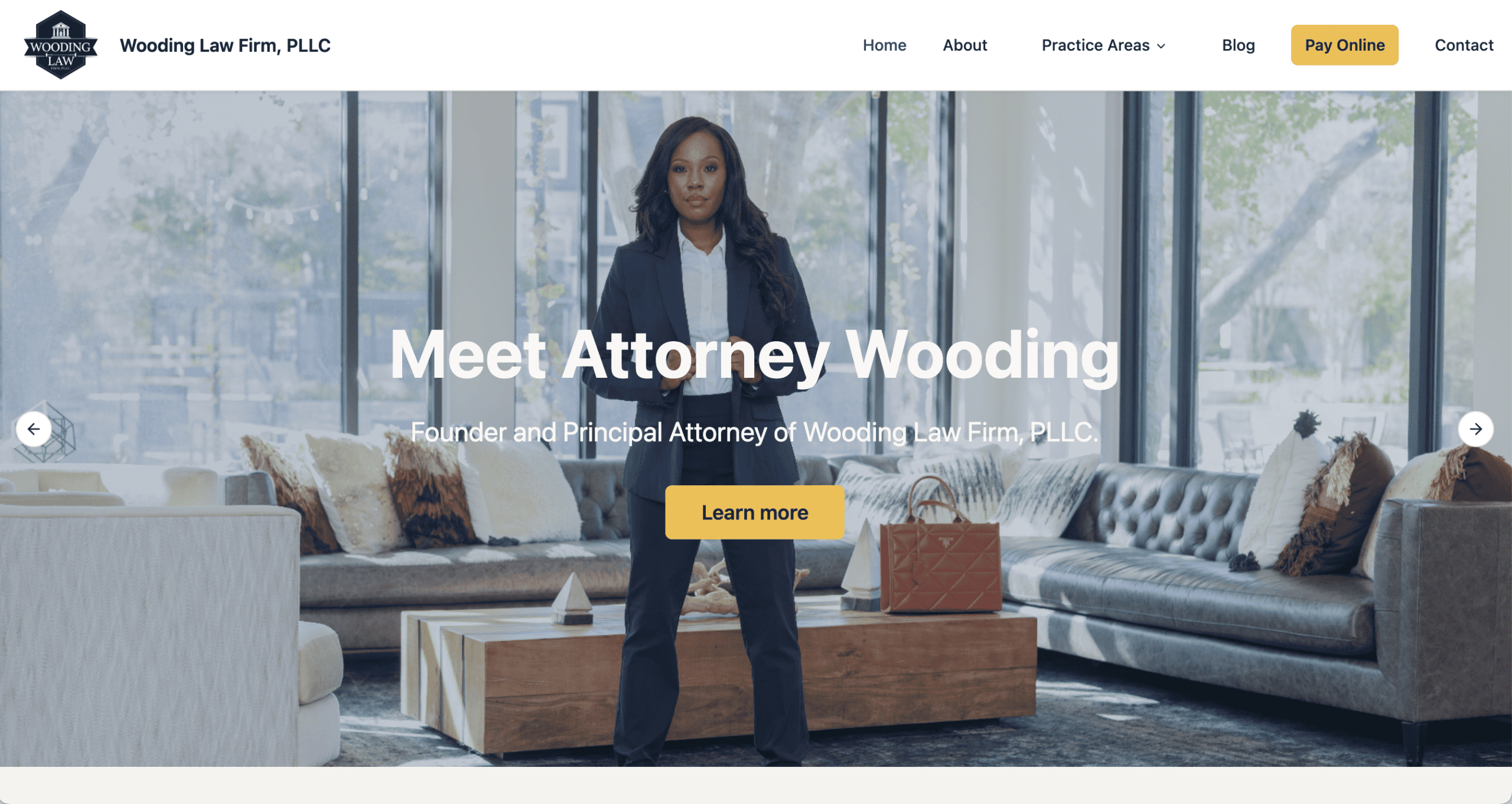 Wooding Law Firm Website – Homepage Screenshot Screenshot of the Wooding Law Firm website homepage featuring attorney Niky Wooding